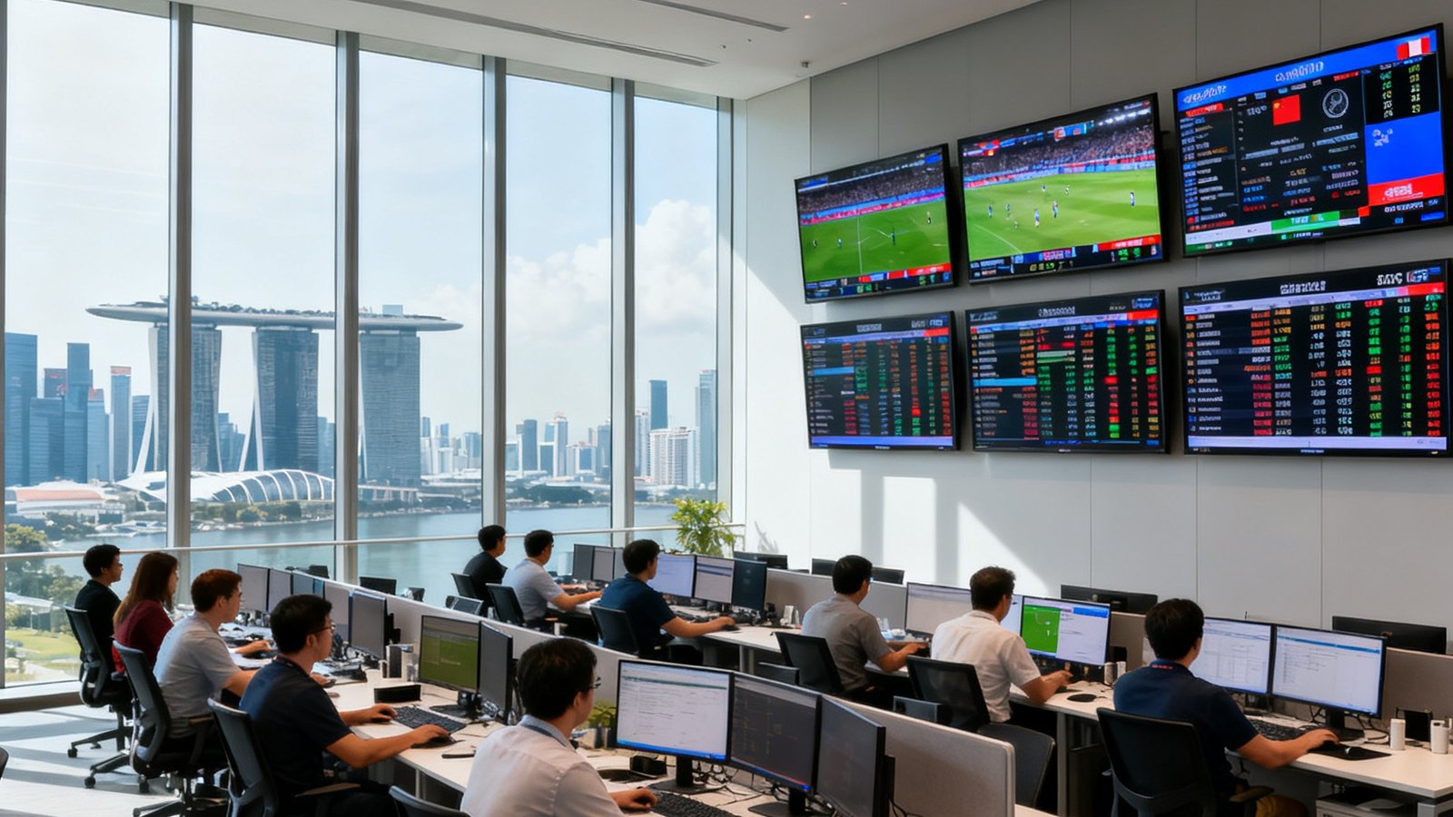 MK体育位于新加坡滨海湾金融中心的现代化办公室，开放式的工位区域有约40名员工正在工作，墙上悬挂着多块数据大屏实时显示全球赛事信息，落地窗外可见城市天际线