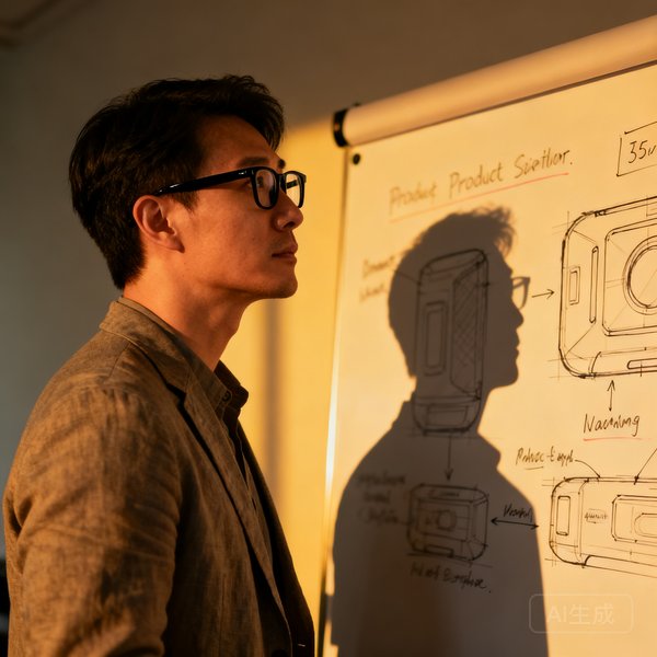 一位35岁左右的年轻男性产品总监，戴着黑框眼镜，穿着休闲西装，站在产品原型白板前思考的侧影